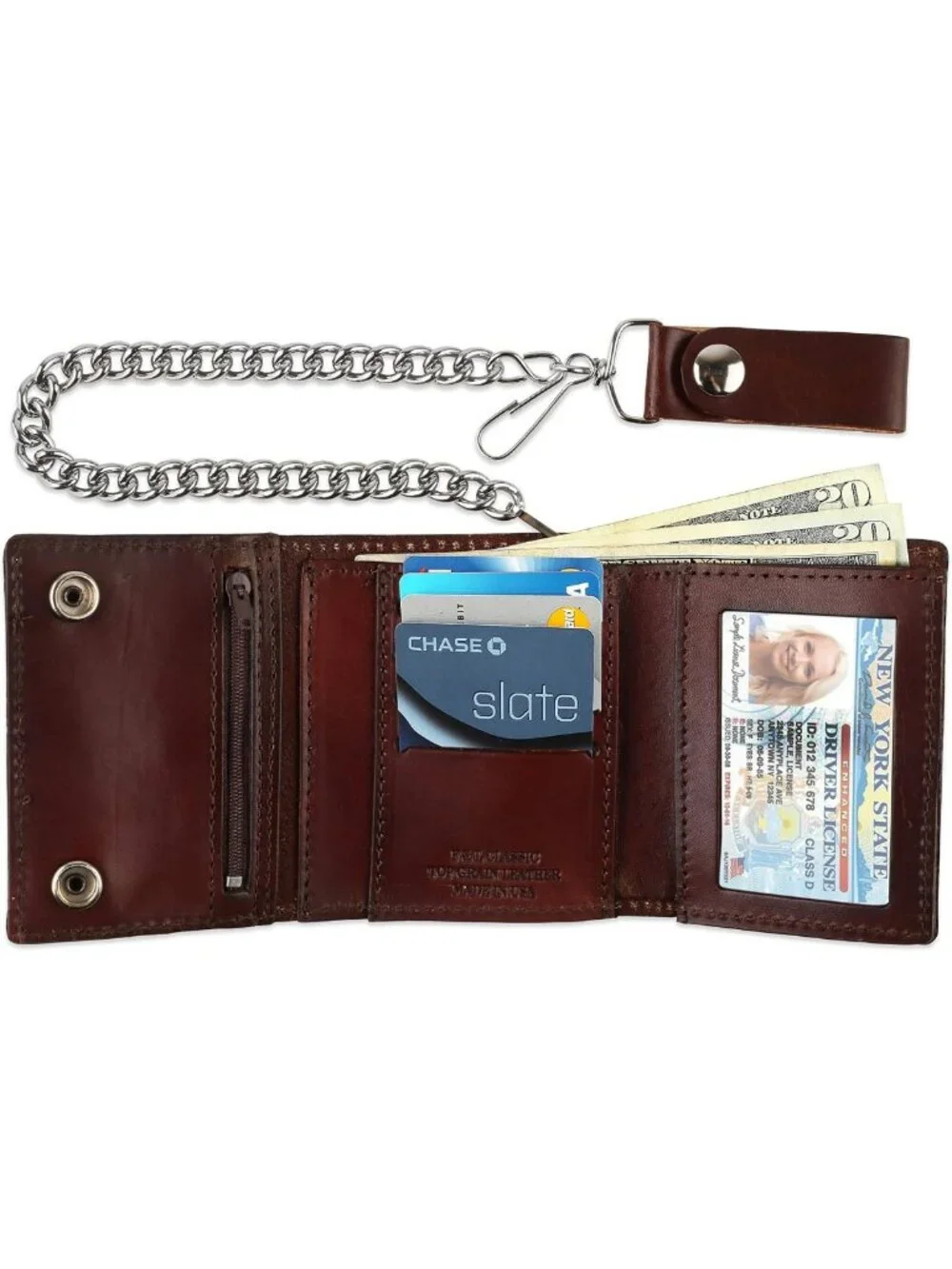 Vintage Biker Tri-fold Leather Wallet with RFID Blocking & Steel Chain, Brown